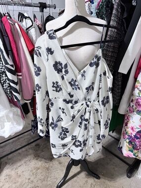 Self Portrait Floral Midi Dress - White with Blue Floral unique strap shoulder